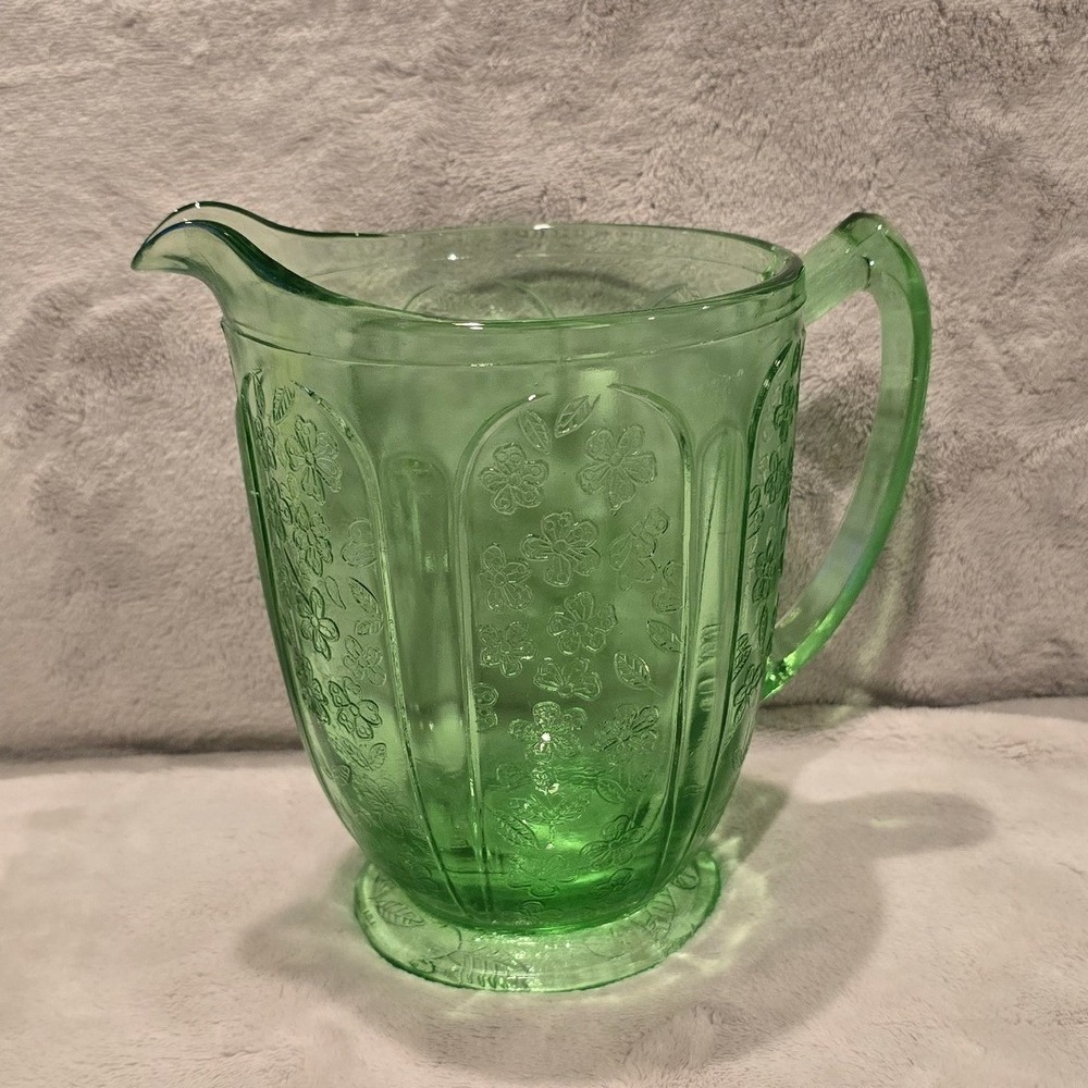 Vintage Jeannette Glass Cherry Blossom Green Depression Glass Pitcher 1930s 6.75